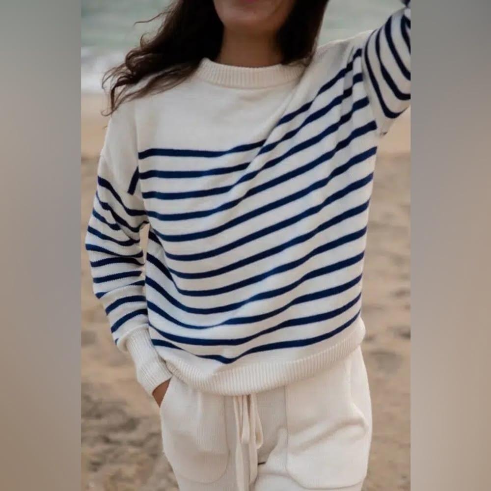 Minnow Striped Sweater Women L Cotton Cashmere Cream Navy Nautical Preppy Breton